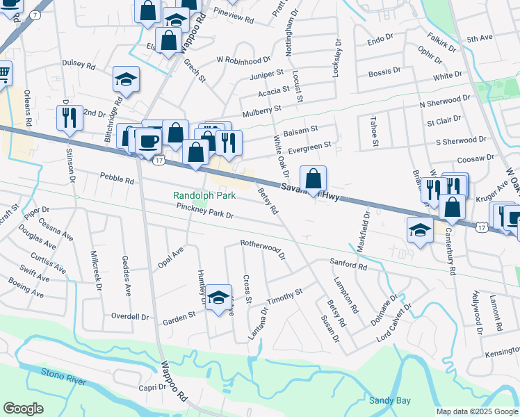map of restaurants, bars, coffee shops, grocery stores, and more near 1635 Pearlott St in Charleston