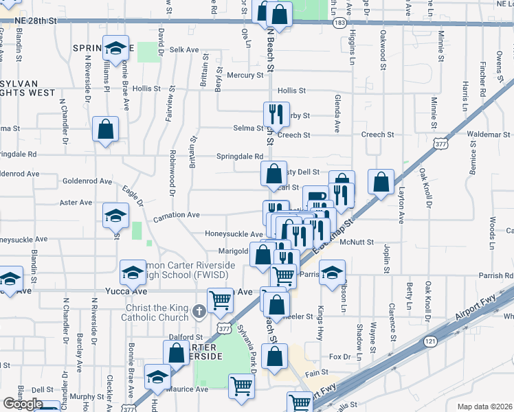 map of restaurants, bars, coffee shops, grocery stores, and more near 3817 Carnation Avenue in Fort Worth