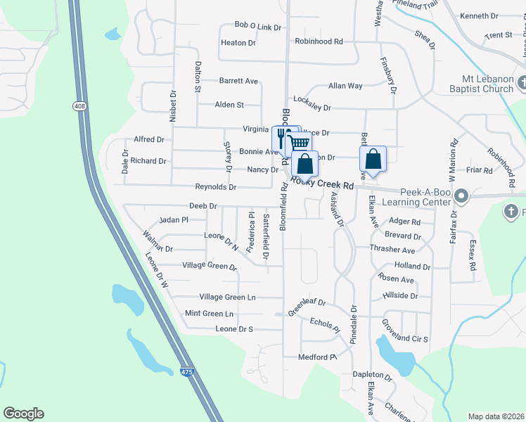 map of restaurants, bars, coffee shops, grocery stores, and more near 2638 Deeb Drive in Macon