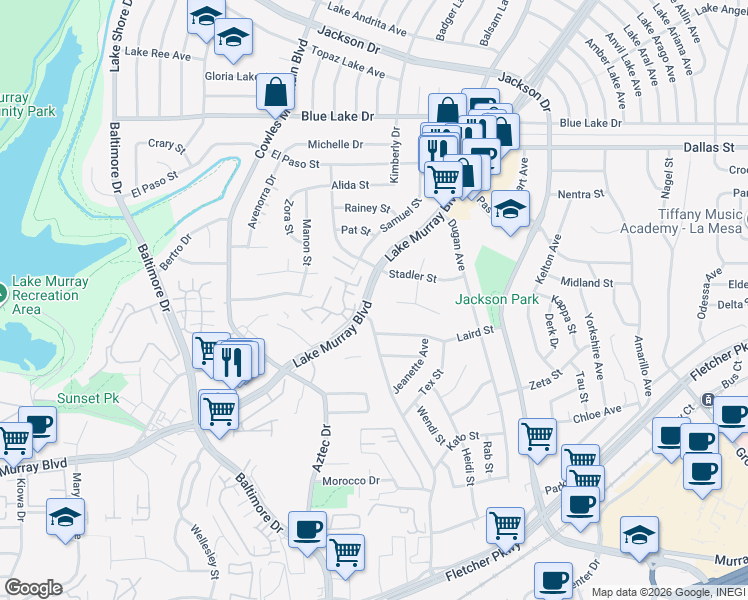 map of restaurants, bars, coffee shops, grocery stores, and more near 5845 Lake Murray Boulevard in La Mesa