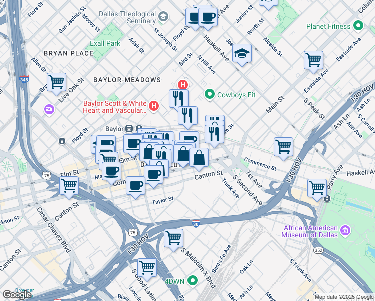 map of restaurants, bars, coffee shops, grocery stores, and more near 3202 Elm Street in Dallas
