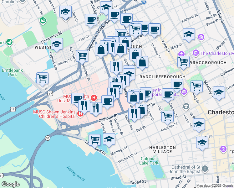 map of restaurants, bars, coffee shops, grocery stores, and more near 15 Doughty Street in Charleston