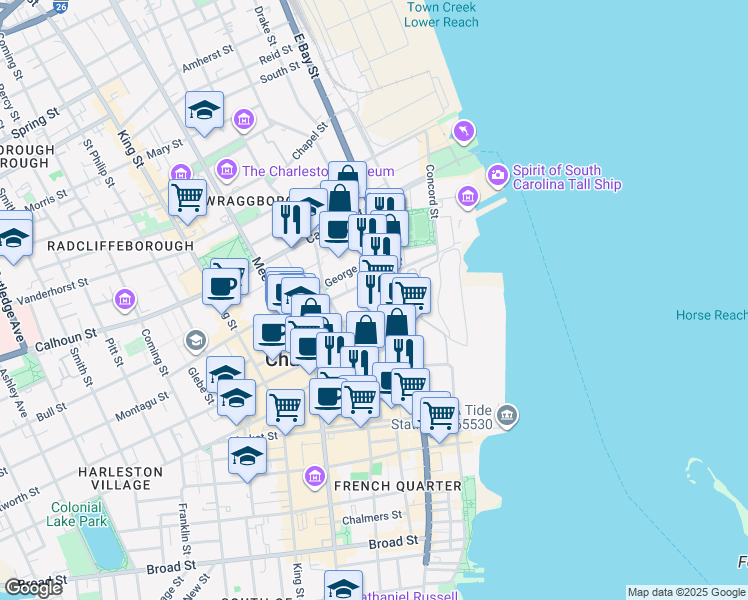 map of restaurants, bars, coffee shops, grocery stores, and more near 299 East Bay Street in Charleston