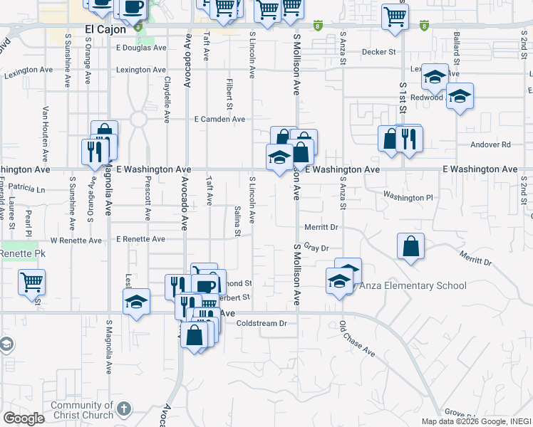 map of restaurants, bars, coffee shops, grocery stores, and more near 820 Scranton Street in El Cajon