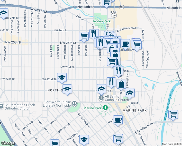map of restaurants, bars, coffee shops, grocery stores, and more near 2215 Clinton Avenue in Fort Worth
