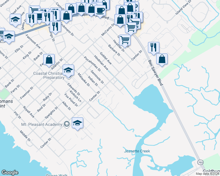 map of restaurants, bars, coffee shops, grocery stores, and more near 813 Marsh Grove Avenue in Mount Pleasant