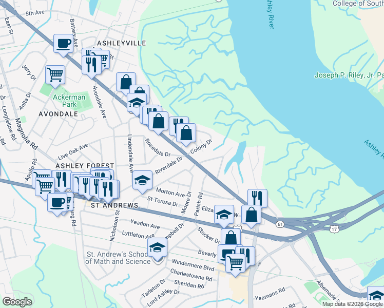 map of restaurants, bars, coffee shops, grocery stores, and more near 632 Saint Andrews Boulevard in Charleston