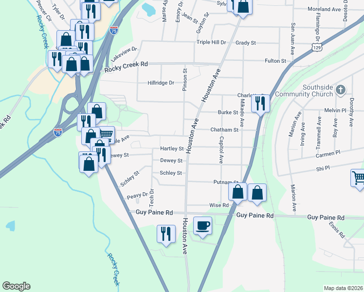 map of restaurants, bars, coffee shops, grocery stores, and more near 1121 Hartley Street in Macon