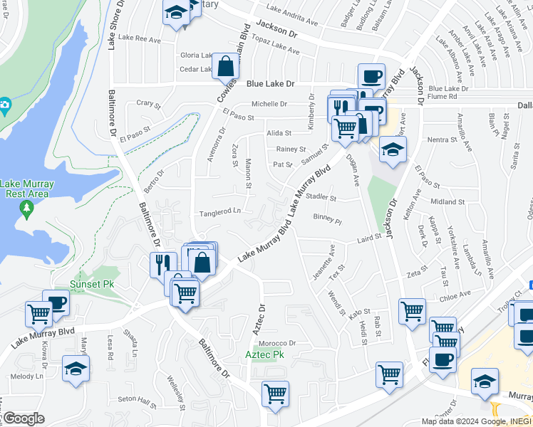 map of restaurants, bars, coffee shops, grocery stores, and more near 5800 Lake Murray Boulevard in La Mesa