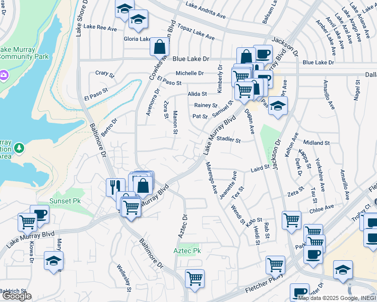 map of restaurants, bars, coffee shops, grocery stores, and more near 7885 Tanglerod Lane in La Mesa
