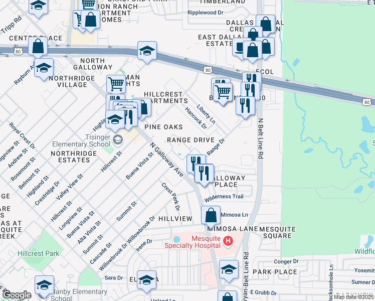 map of restaurants, bars, coffee shops, grocery stores, and more near 1576 North Galloway Avenue in Mesquite