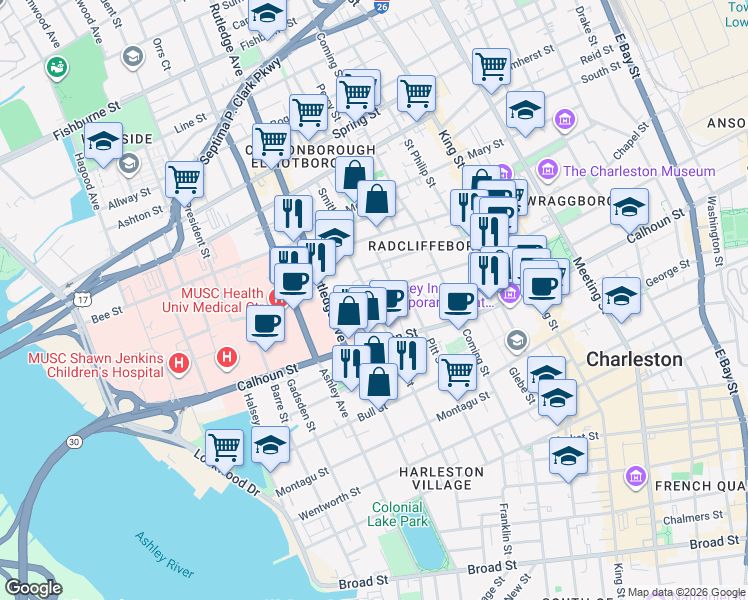 map of restaurants, bars, coffee shops, grocery stores, and more near 6 Murphy Court in Charleston