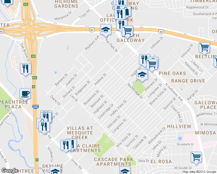 map of restaurants, bars, coffee shops, grocery stores, and more near 1519 Belmont Street in Mesquite