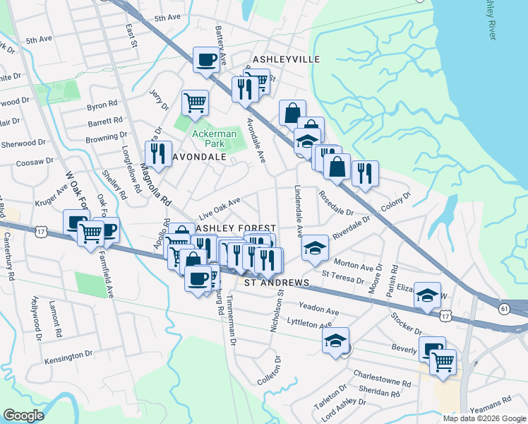 map of restaurants, bars, coffee shops, grocery stores, and more near 301 Tall Oak Avenue in Charleston