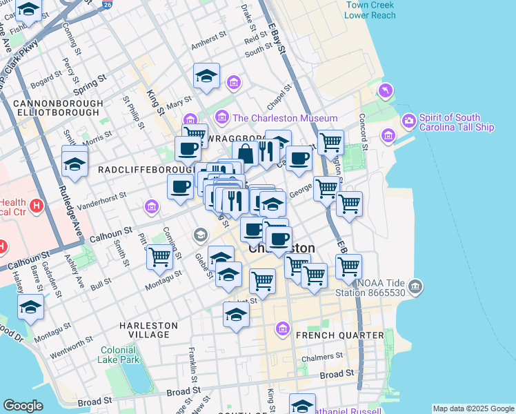 map of restaurants, bars, coffee shops, grocery stores, and more near 296 Meeting Street in Charleston