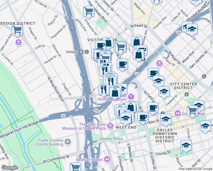map of restaurants, bars, coffee shops, grocery stores, and more near 7693 2323 Victory Avenue in Dallas