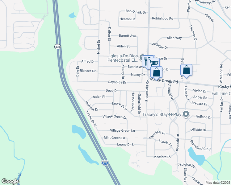map of restaurants, bars, coffee shops, grocery stores, and more near 5700 Edwina Drive in Macon