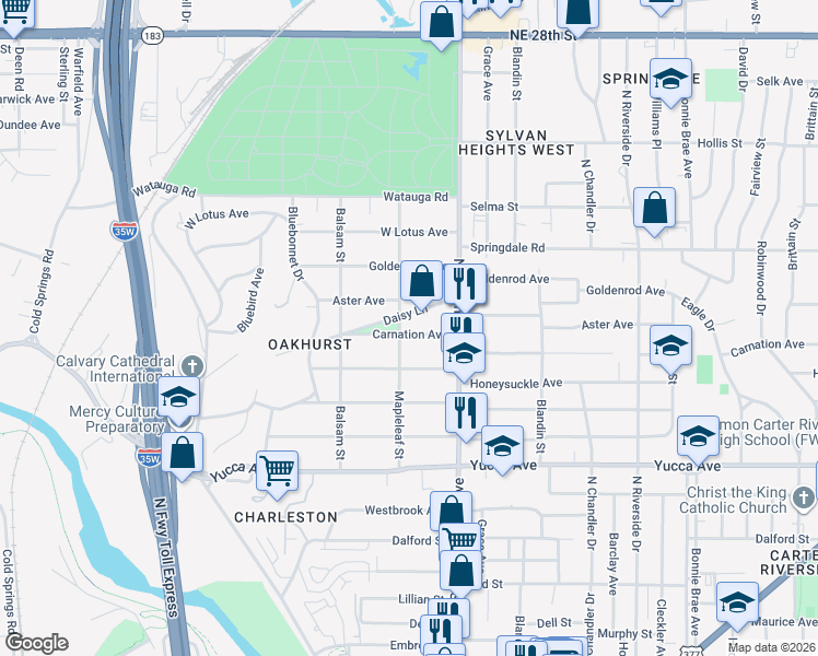 map of restaurants, bars, coffee shops, grocery stores, and more near 2501 Carnation Avenue in Fort Worth