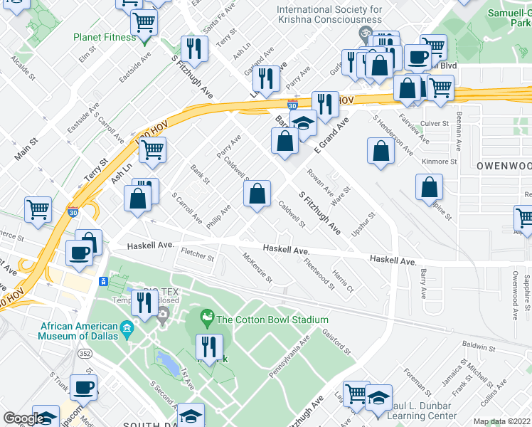 map of restaurants, bars, coffee shops, grocery stores, and more near 4702 East Grand Avenue in Dallas