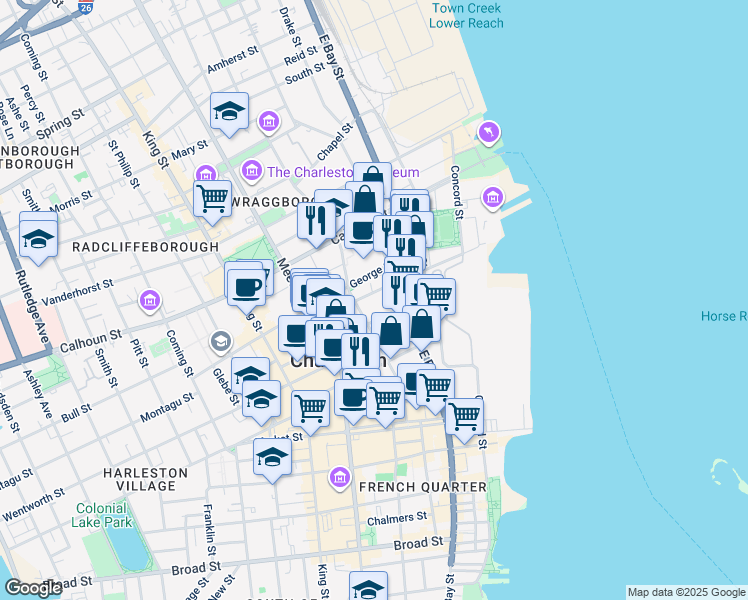 map of restaurants, bars, coffee shops, grocery stores, and more near 55 Laurens Street in Charleston