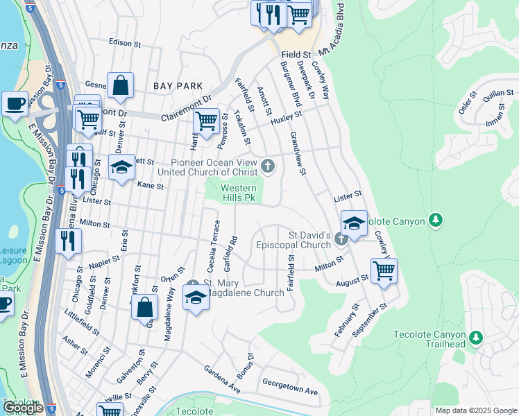 map of restaurants, bars, coffee shops, grocery stores, and more near 4877 Kane Street in San Diego