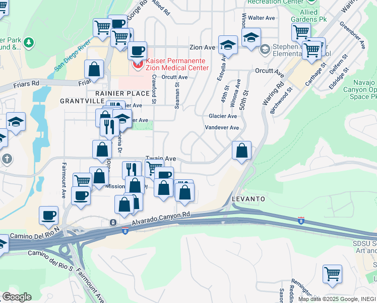map of restaurants, bars, coffee shops, grocery stores, and more near 6140 Estrella Avenue in San Diego