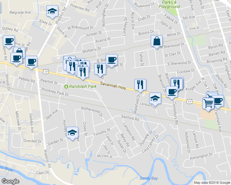 map of restaurants, bars, coffee shops, grocery stores, and more near 1595 Savannah Highway in Charleston