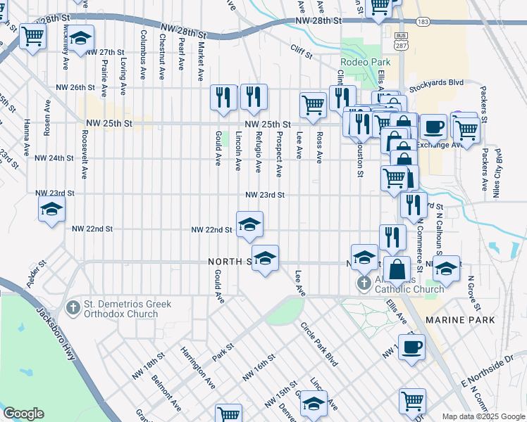 map of restaurants, bars, coffee shops, grocery stores, and more near 2212 Refugio Avenue in Fort Worth