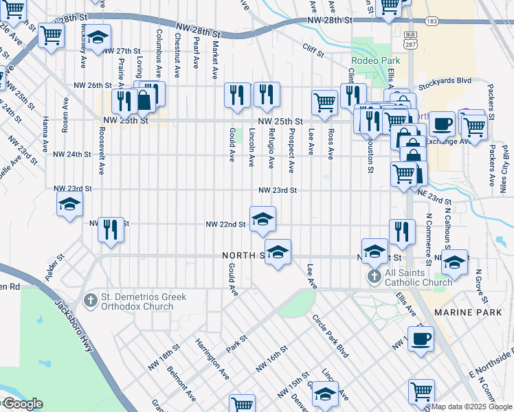 map of restaurants, bars, coffee shops, grocery stores, and more near 2214 Lincoln Avenue in Fort Worth