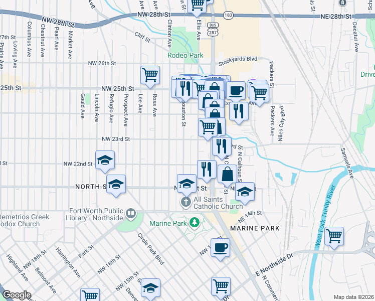 map of restaurants, bars, coffee shops, grocery stores, and more near 2214 N Houston St in Fort Worth