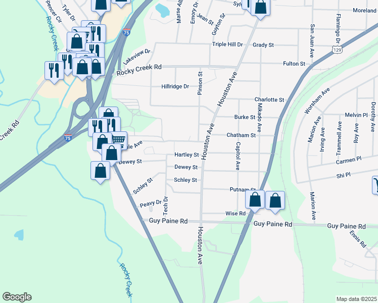 map of restaurants, bars, coffee shops, grocery stores, and more near 1175 Hartley Street in Macon