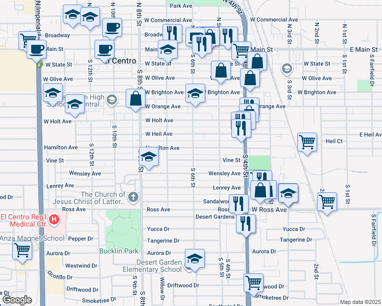 map of restaurants, bars, coffee shops, grocery stores, and more near 822 South 6th Street in El Centro