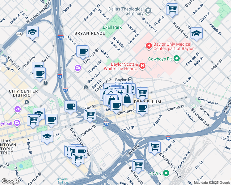 map of restaurants, bars, coffee shops, grocery stores, and more near 301 North Crowdus Street in Dallas