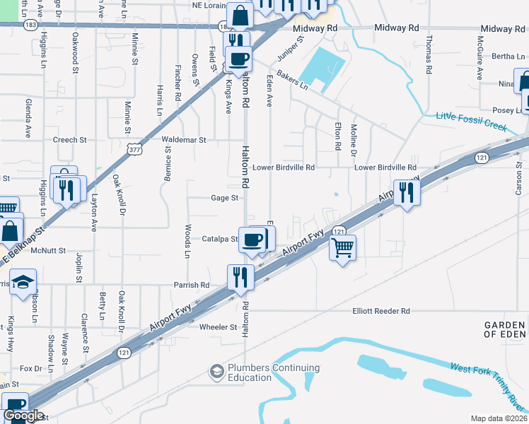 map of restaurants, bars, coffee shops, grocery stores, and more near 1911 Eden Avenue in Haltom City