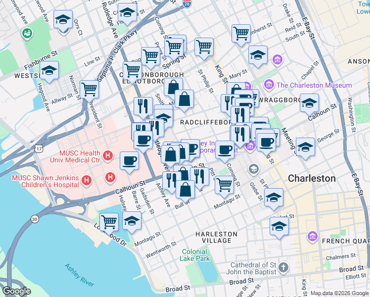 map of restaurants, bars, coffee shops, grocery stores, and more near 6 Murphy Court in Charleston