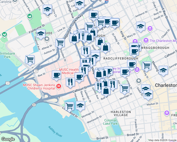 map of restaurants, bars, coffee shops, grocery stores, and more near 7 Doughty Street in Charleston