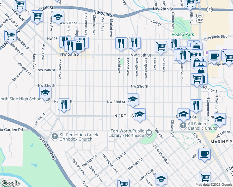 map of restaurants, bars, coffee shops, grocery stores, and more near 2213 Gould Avenue in Fort Worth