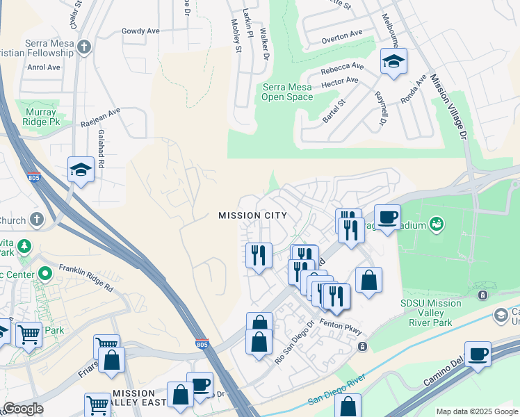 map of restaurants, bars, coffee shops, grocery stores, and more near 2799 Fenton Parkway in San Diego