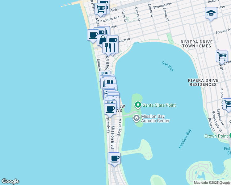 map of restaurants, bars, coffee shops, grocery stores, and more near 3826 Bayside Walk in San Diego