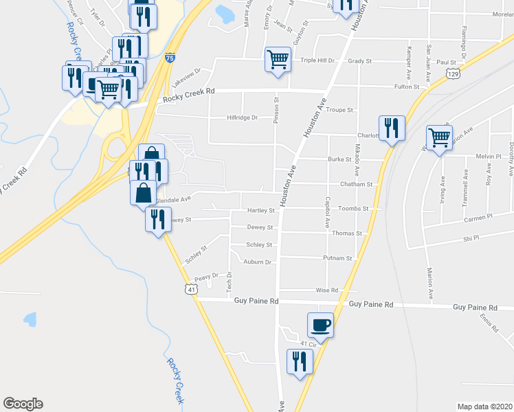 map of restaurants, bars, coffee shops, grocery stores, and more near 1189 Hartley Street in Macon