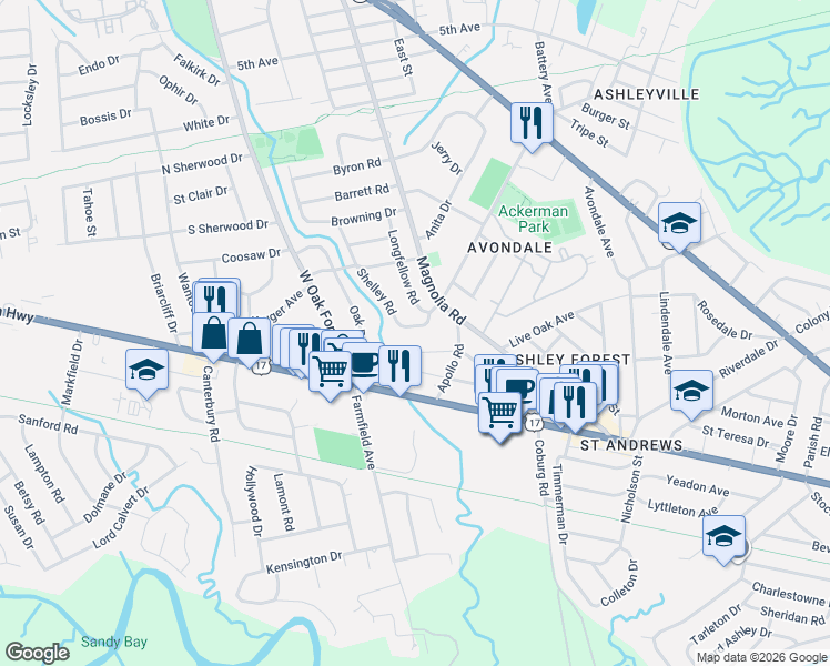 map of restaurants, bars, coffee shops, grocery stores, and more near 1027 Shelley Road in Charleston