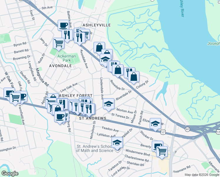 map of restaurants, bars, coffee shops, grocery stores, and more near 7 Stratford Road in Charleston