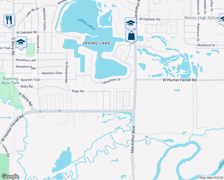 map of restaurants, bars, coffee shops, grocery stores, and more near 2700 Lake Gardens Drive in Irving