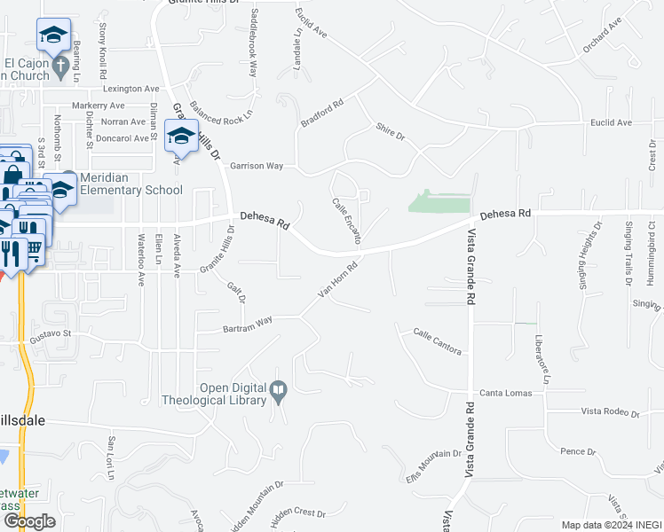 map of restaurants, bars, coffee shops, grocery stores, and more near 1863 Dehesa Road in El Cajon