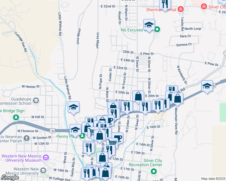 map of restaurants, bars, coffee shops, grocery stores, and more near 2005 North Juniper Avenue in Silver City
