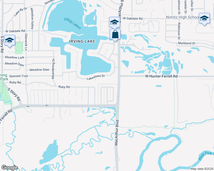 map of restaurants, bars, coffee shops, grocery stores, and more near 1301 White Lake Drive in Irving