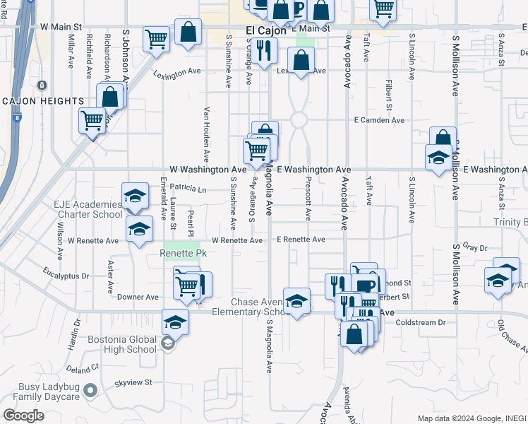 map of restaurants, bars, coffee shops, grocery stores, and more near 828 South Magnolia Avenue in El Cajon