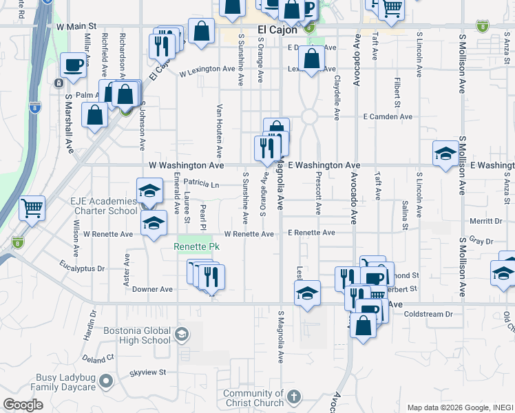 map of restaurants, bars, coffee shops, grocery stores, and more near 822 South Orange Avenue in El Cajon