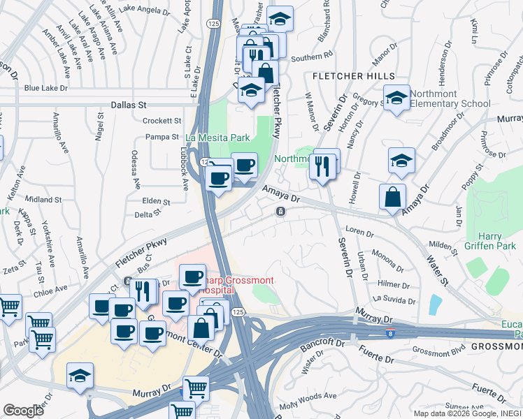 map of restaurants, bars, coffee shops, grocery stores, and more near 5679 Amaya Drive in La Mesa