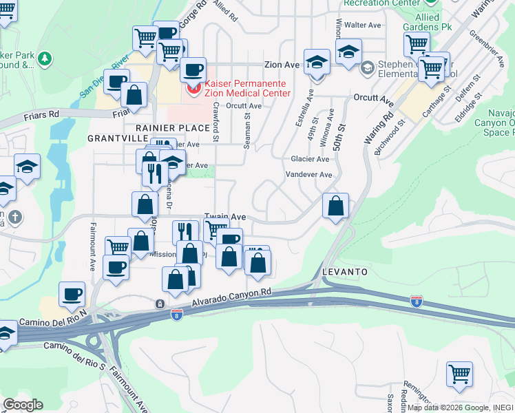map of restaurants, bars, coffee shops, grocery stores, and more near 6125 Loukelton Circle in San Diego